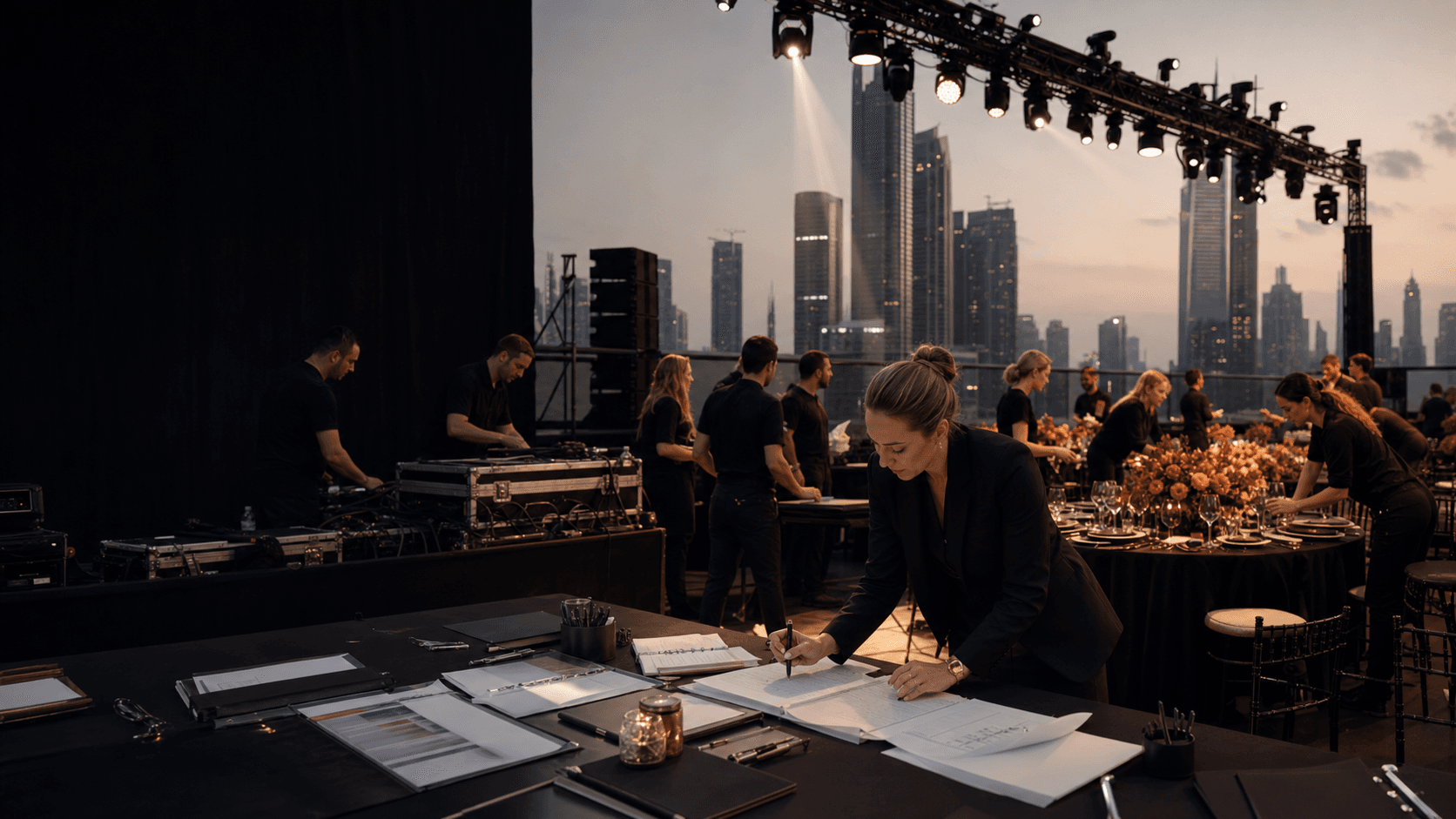 A rooftop event production table before guests arrive.